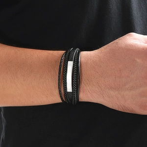 Double-layered braided black leather bracelet with silver rectangular metal plate for men