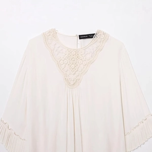 Elegant ivory pleated chiffon shirt with lace crochet collar and accordion cuffs
