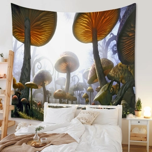 Detail view of fantasy mushroom forest tapestry as a bohemian bedroom wall hanging