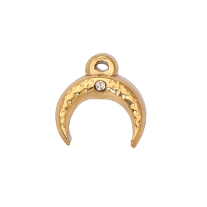 Detailed view of a 14k gold plated stainless steel crescent moon pendant with crystal