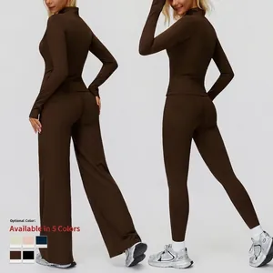 Ensemble de fitness thermique marron pour femme avec doublure polaire et fermeture éclair