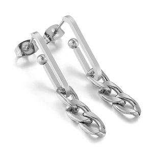 Minimalist silver chain dangle earrings in polished stainless steel for women