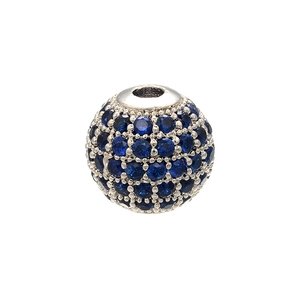Detailed view of a round blue micro-paved crystal bead with silver base for DIY jewelry