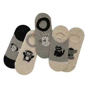 Five pairs of thin summer invisible boat socks with cute cartoon animal patterns