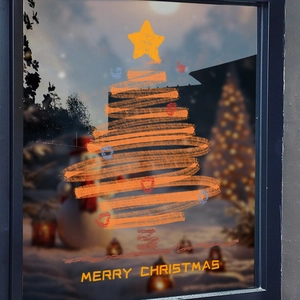 Christmas tree window sticker with Merry Christmas text on snowy winter background