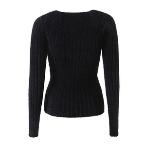 Women's slim fit black ribbed knit long sleeve sweater with soft fuzzy texture