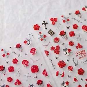 Vintage 3D embossed nail art stickers with red roses, skulls and gothic crosses