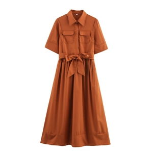 Robe Chemise Maxi Pour Femmes Manches Courtes Col Revers Boutonnée Taille Nouée Poches Élégante