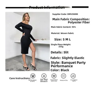 Détails de la robe en tricot noir à épaules dénudées avec coupe ajustée et fente jambe
