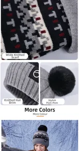 Close-up of winter knit scarf and hat with pompom showing texture and patterns