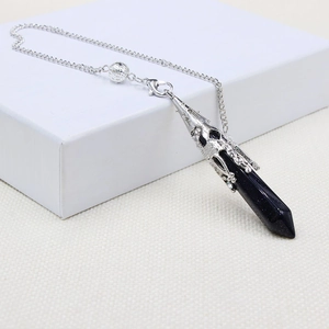 Blue Goldstone Hexagonal Crystal Pendulum Necklace with Hollow Silver Carvings