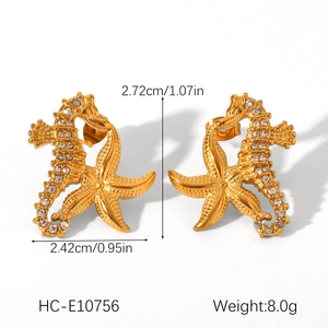 Boucles d'oreilles hippocampe et étoile de mer dorées avec détails des mesures