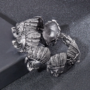 Vintage punk lion head bracelet with Indian feather headdress in antique silver finish