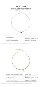 Detail of 18K gold plated brass necklaces with colorful zircon pendants and chain dimensions