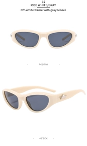 Cat eye sunglasses detail with off-white frame, gray lenses and silver star accents