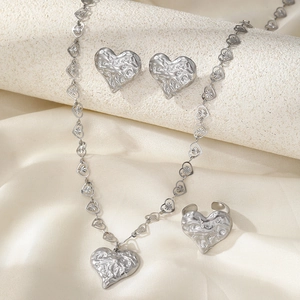 Silver irregular lava texture heart jewelry set with necklace earrings and ring