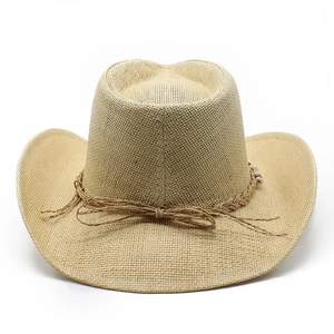 Classic Western straw cowboy hat with natural woven texture and bead-decorated band