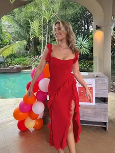 Sexy red backless maxi dress with ruffle trim and high slit for summer parties