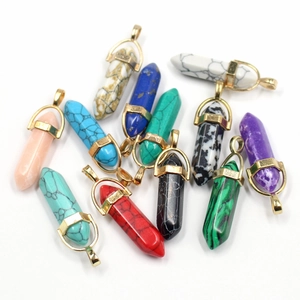 Hexagonal crystal column pendants in assorted natural stones with golden clasps