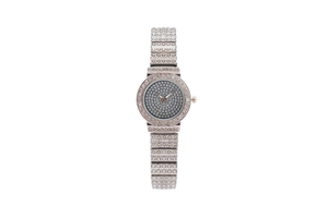 Close-up of luxury silver women's quartz watch with full rhinestone inlay details
