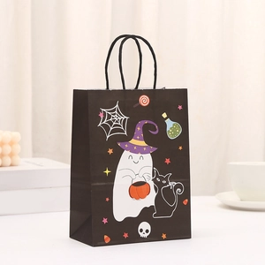 Halloween kraft paper gift bag with ghost and pumpkin print on black background