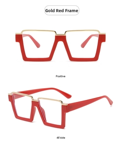 Detailed views of gold and red square frame glasses showing front and 45-degree angles