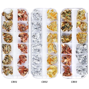 Three 12-grid boxes of metallic nail art flakes in gold, silver and copper foil colors