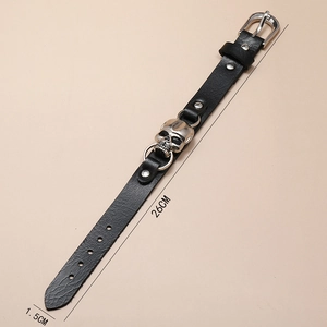 Minimalist black leather skull bracelet with metal buckle, 26cm length and 1.5cm width