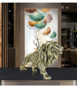 Macro detail of lion sculpture with realistic mane texture and gold metallic finish