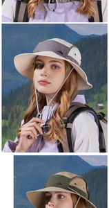 Detail view of quick-dry wide-brim sun hats with adjustable wind ropes and side vents
