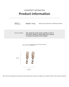 Detail showing artificial pearls and rhinestones on alloy drop earrings with dimensions