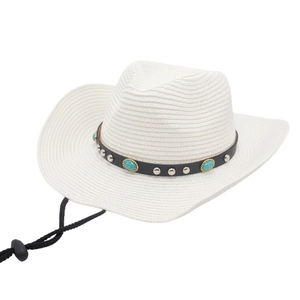 White straw cowboy hat with turquoise stone band and adjustable chin strap