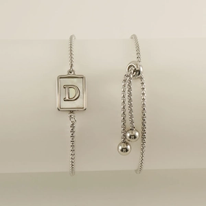 Adjustable silver titanium steel letter D bracelet with white shell inlay pendant