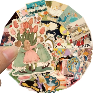 Set di 50 adesivi vintage fiabeschi con ragazze e illustrazioni floreali