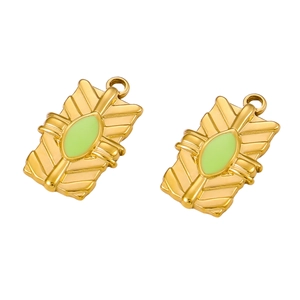Golden stainless steel oval charms with light green enamel inlay for DIY jewelry making