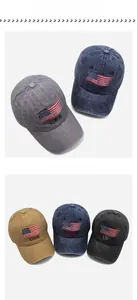 Detail of embroidered USA flag and lettering on vintage washed cotton baseball cap