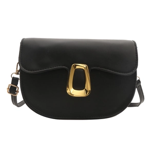 Classic black faux leather saddle bag with adjustable strap and gold geometric buckle