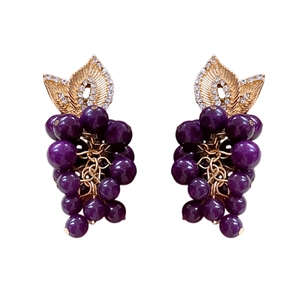 French vintage purple grape earrings with gold leaf design and translucent crystals