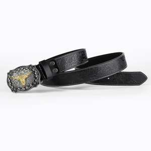 Close-up of western cow head buckle with floral embossed leather belt for men