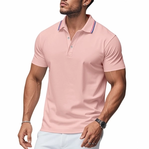 Close-up of pink polo shirt featuring a ribbed collar with red and blue stripes