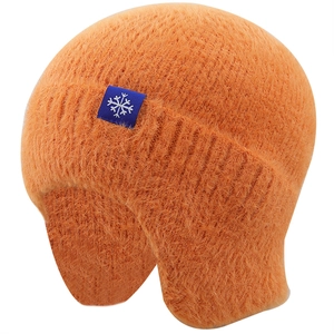 Winter thermal knit hat for women with ear protection in bright orange faux fur