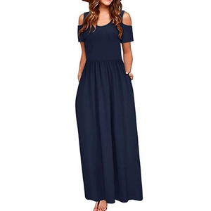 Detail view of navy blue cold shoulder maxi dress with side pockets and round neck