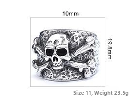Schéma détaillé d'une bague crâne rétro montrant 19,8mm de hauteur et 23,5g de poids