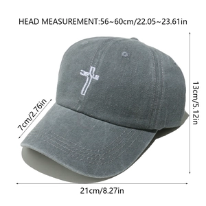 Detailed view of grey washed cotton baseball cap with Jesus cross embroidery and dimensions