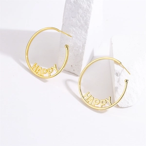 Happy Letter Hoop Earrings Gold Plated Copper With 925 Sterling Silver Earring Post Simple Fashion Jewelry Women