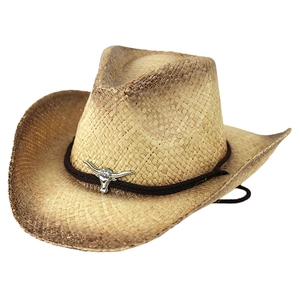 Atmungsaktiver Stroh-Cowboyhut mit Stierkopf-Emblem und Vintage-Distressed-Kanten