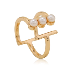 Minimalist gold-plated open ring featuring three elegant pearls and geometric design