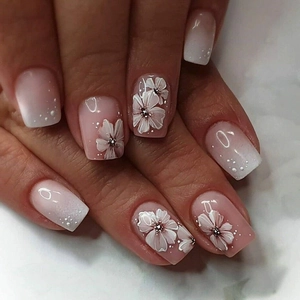 Press On Nails Pink Ombre White Flower Polka Dot Short Square Artificial ABS False Fake Nails Elegant Manicure For Women