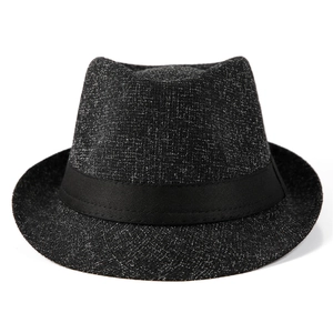 Classic men's black-grey fedora jazz hat with a stylish black ribbon band on white background