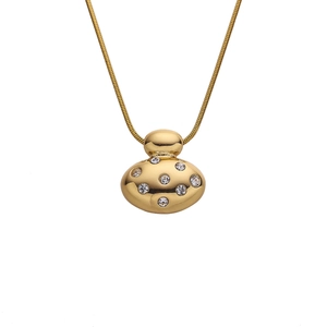 Golden snake chain necklace with irregular oval heart pendant inlaid with sparkling crystals
